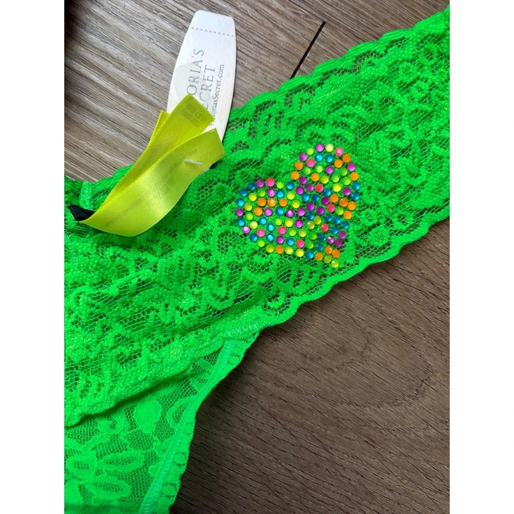 Victoria's Secret Rare 2012 Panty Bundle Neon Green Lace Rhinestone Heart Lace L
